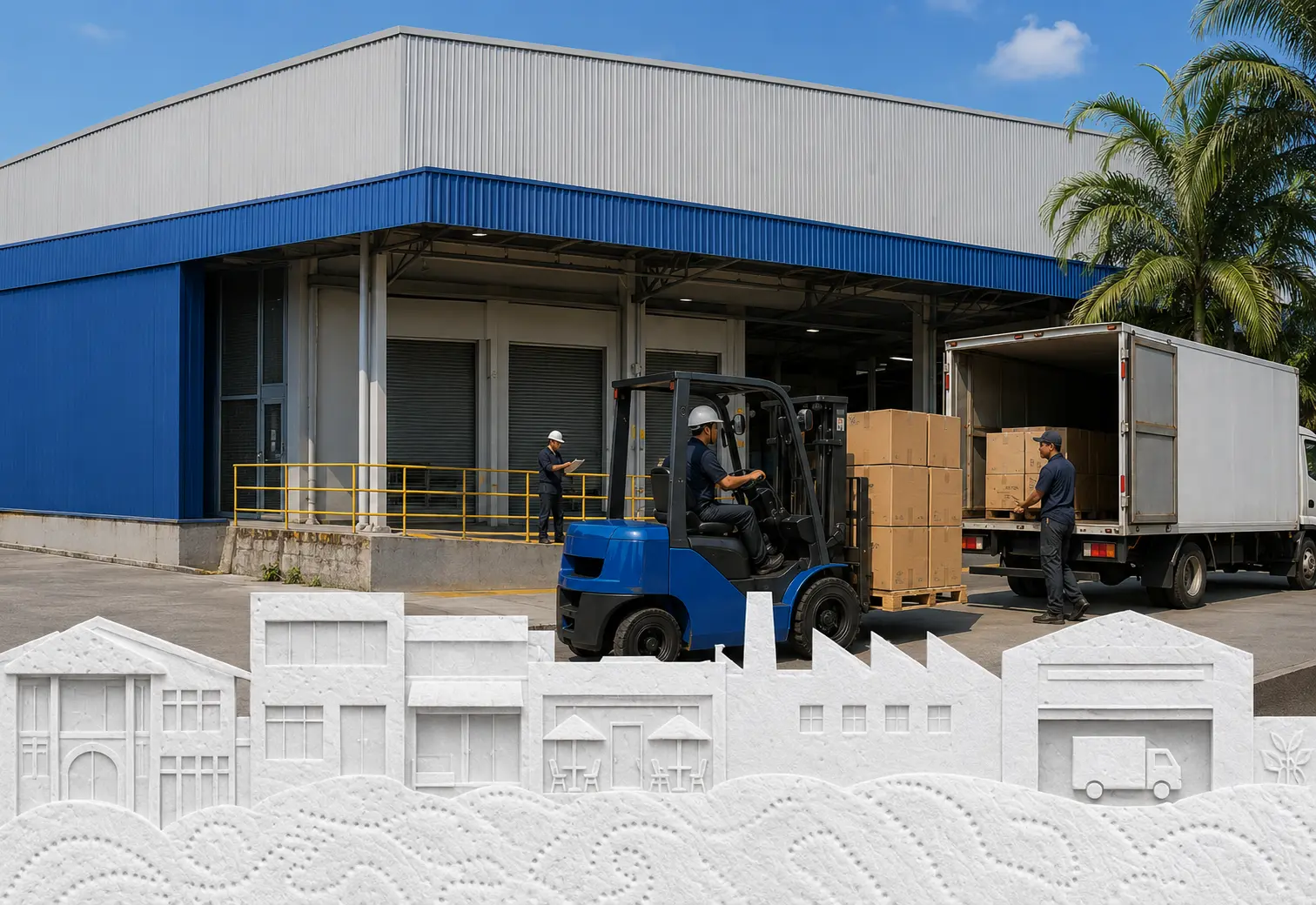 Tissue cartons being prepared for delivery at a Malaysian factory loading bay, with embossed tissue architecture in the foreground